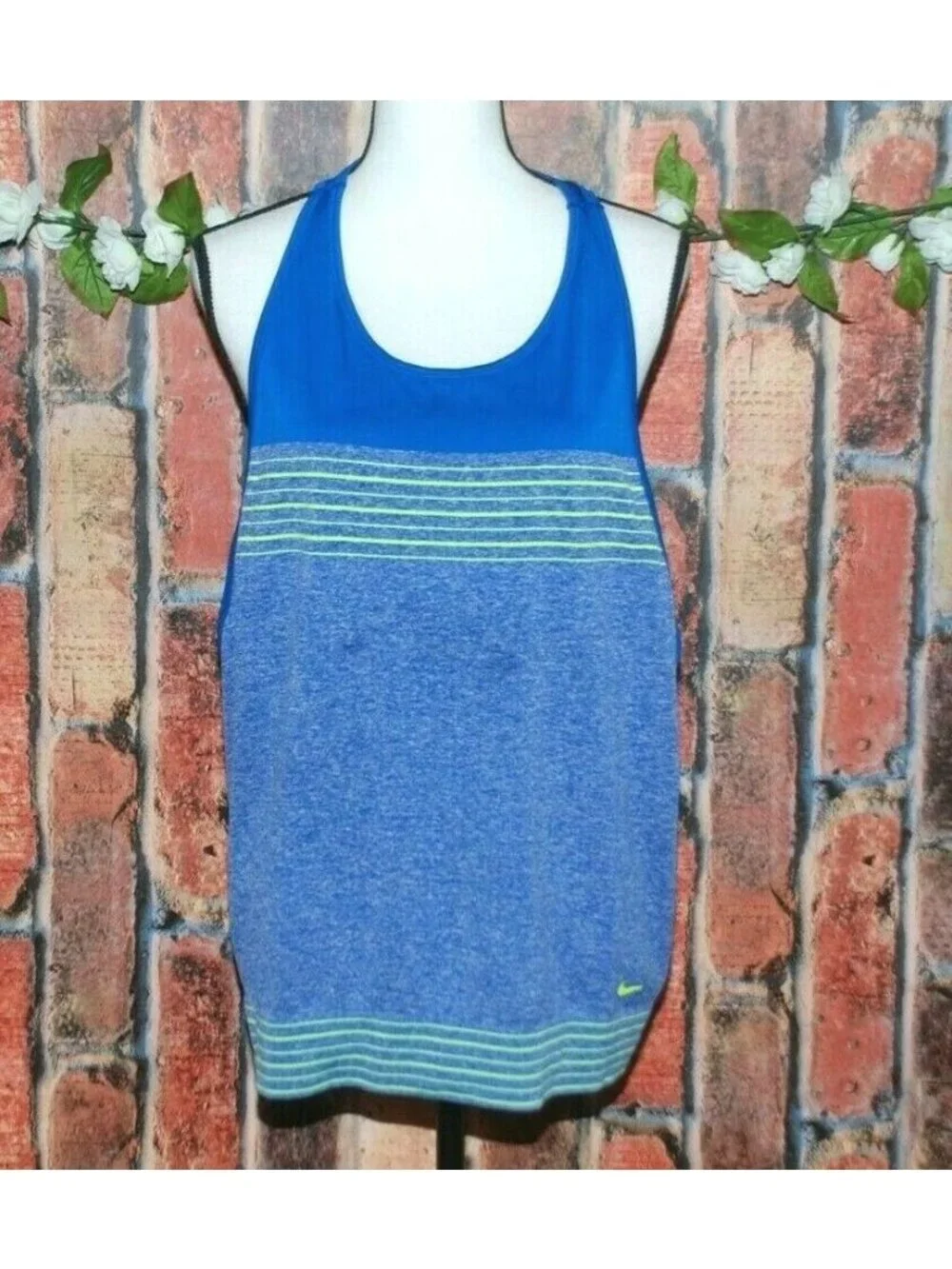 Nike Dri-FIT Womens Large Racerback Tank Top Blue Volt Green Striped Running